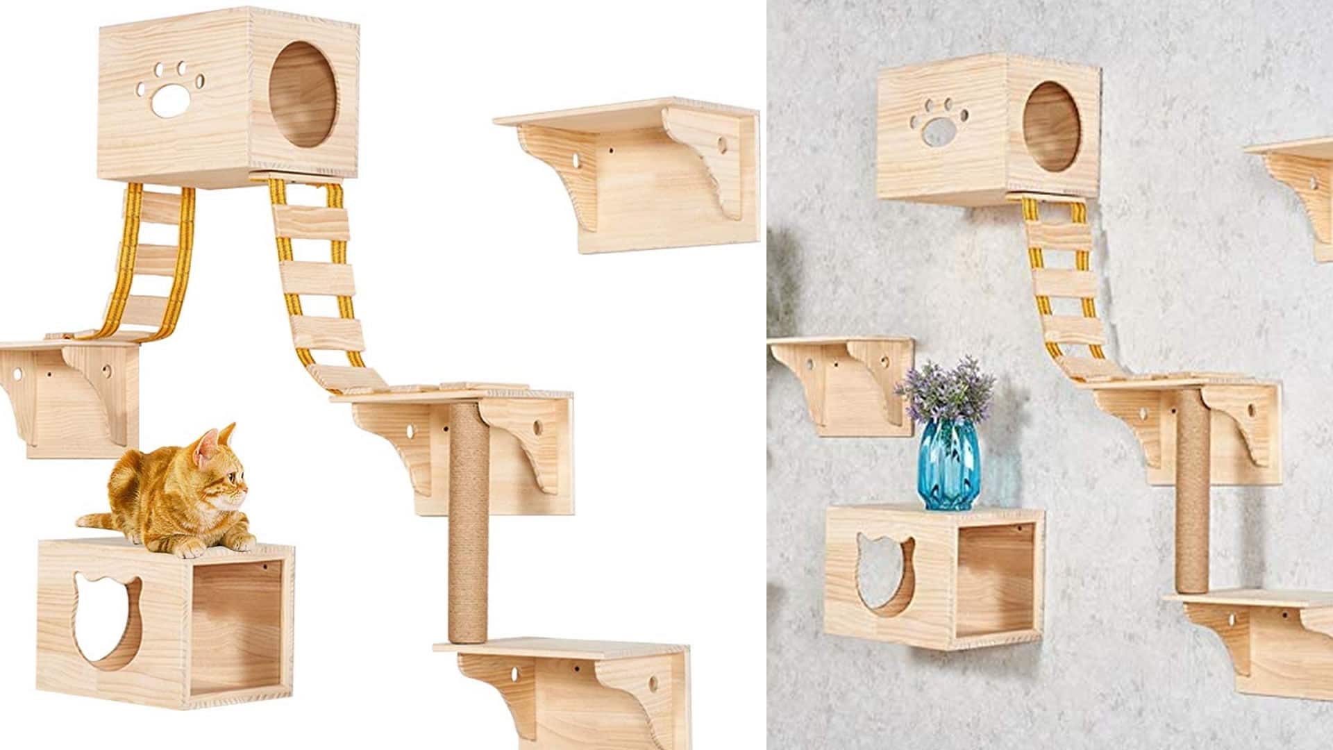 TINTON LIFE 9pcs Wall Wood Cat Climber Set - 2 Cat Condos Houses